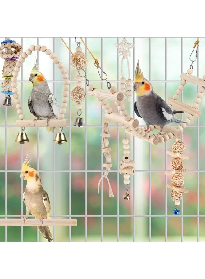 9PCS Natural Wood Bird and Parrot Swing Toys Includes Hanging Chew Swing, Climbing Ladder and Bird Cage for Parrot, Parakeet, Conure, Cockatiel, Mynah, Lovebirds and Finches - Image 3