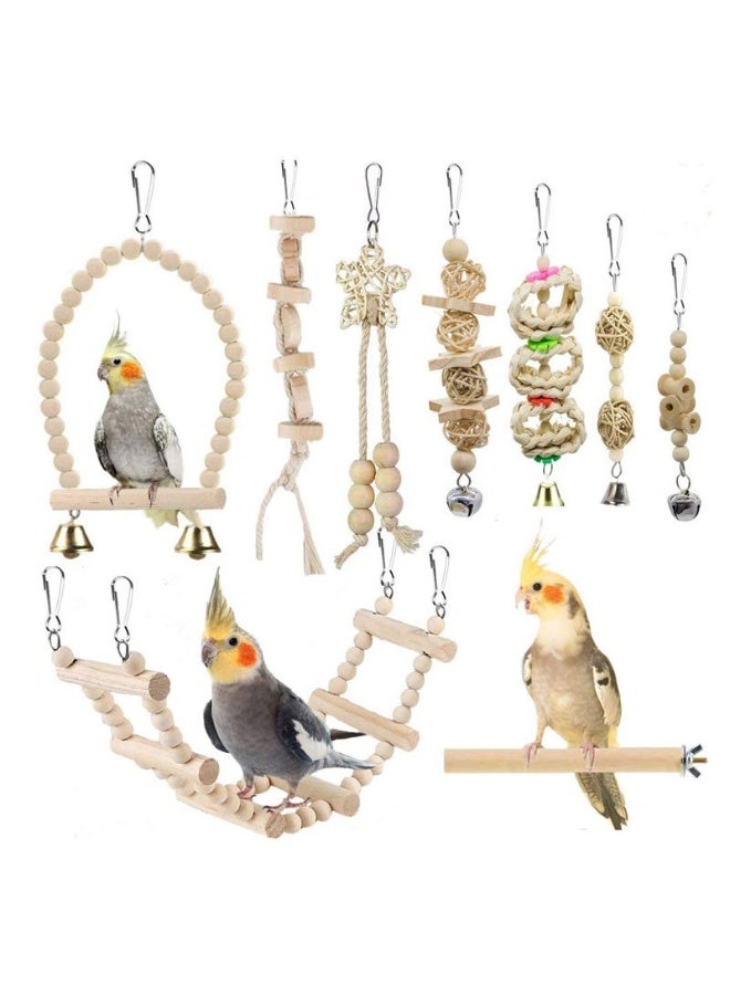 9PCS Natural Wood Bird and Parrot Swing Toys Includes Hanging Chew Swing, Climbing Ladder and Bird Cage for Parrot, Parakeet, Conure, Cockatiel, Mynah, Lovebirds and Finches - Image 1