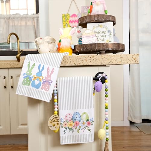 ARKENY Easter Kitchen Towels Set of 2,Beige Pink Bunny Floral Eggs Dish Towels 18x26 Inch Drying Dishcloth,Farmhouse Home Seasonal Spring Decorations AD217 - Image 4