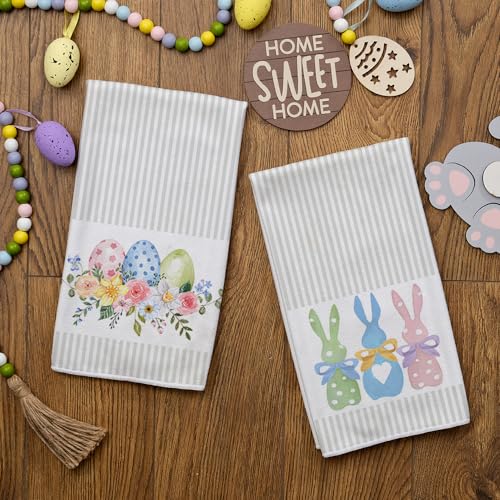 ARKENY Easter Kitchen Towels Set of 2,Beige Pink Bunny Floral Eggs Dish Towels 18x26 Inch Drying Dishcloth,Farmhouse Home Seasonal Spring Decorations AD217 - Image 3