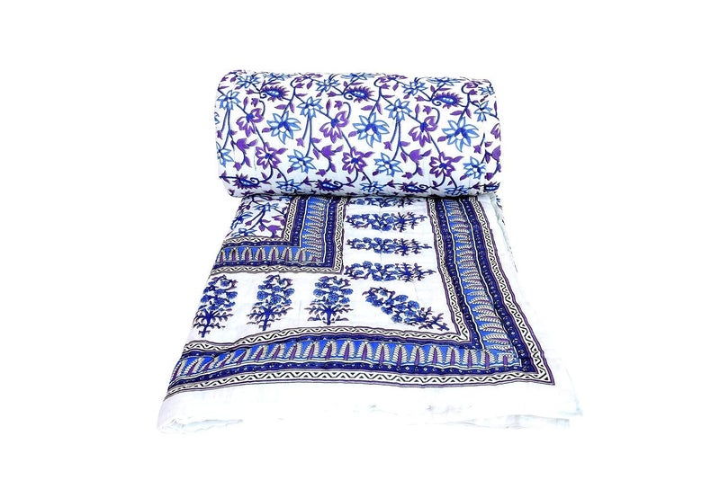 SVT Traditional Famous Rajasthani Print Jaipuri Beautiful Floral Print in Multi Blue and Purple in mughal Print Jaipuri RajaiRazaiQuilt SingleSingle Bed QuiltComforterAC QuiltAC Comforter - Image 2