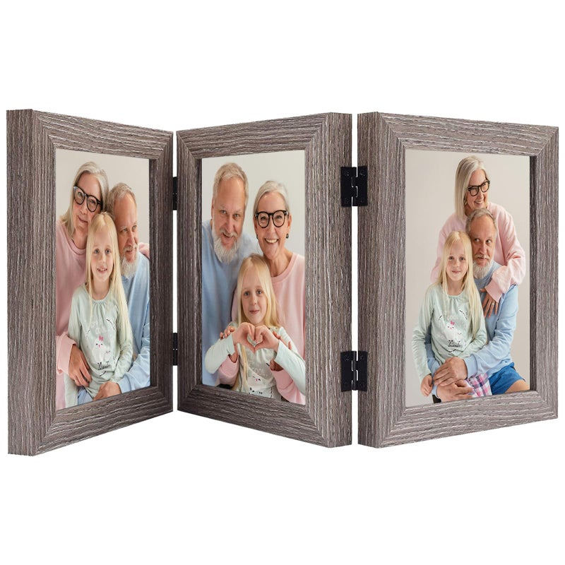 Frametory 5x7 Triple Picture Frames Trifold Photos Frame Collage Hinged Picture Frames with Glass Front Tabletop Display Gray 1 Pack