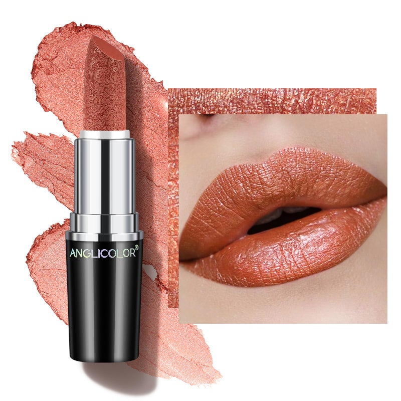 Anglicolor Glitter Metallic Coral Lipstick,High Impact Lipcolor,Lightweight Hydrating Formula Smooth and Non-Sticky,Orange Lipstick For Women,Full-Coverage Lip Makeup (05 BE HAPPY,4g) - Image 1