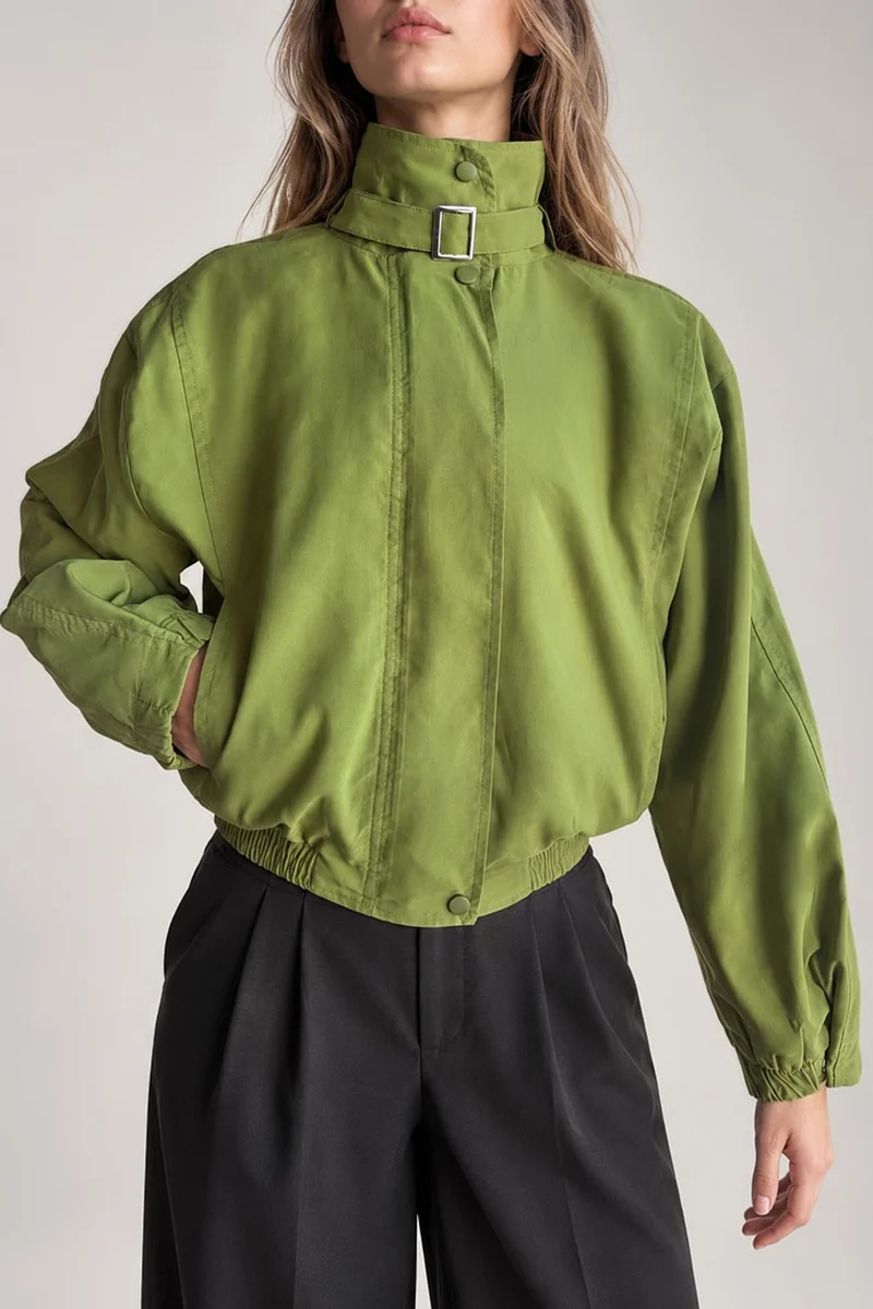 Hiccup Olive Green Oversized Stand Collar Jacket for Women | Best Price UAE