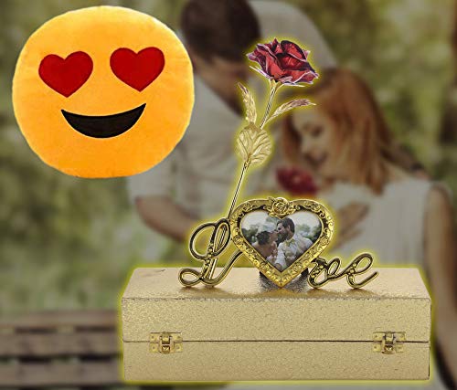 INTERNATIONAL GIFT INTERNATIONAL GIFT Red Rose Flower 25 cm with Photo Frame Love Stand with Luxury Golden Gift Box Packing with Emoji Heart Smiley Cushions - Image 1