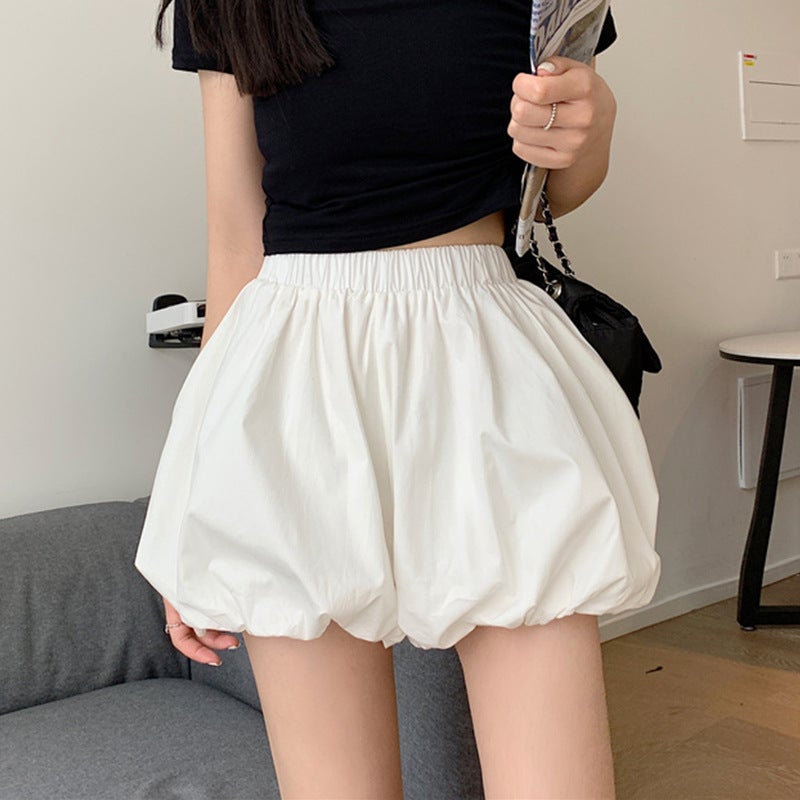 White Flower Bud Puffy Skirt Womens Summer High Waist A- Line Cake Short Skirt Shorty Slimming Hip Skirt White (with safety pants version)