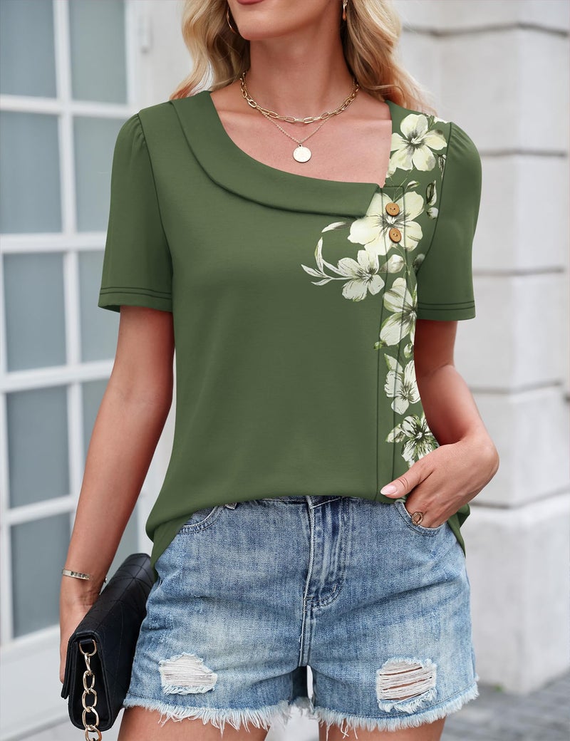 LUYAA Cute Short Sleeve Square Neck Tops Loose Fit Floral Print Tees 2026 Trendy Blouse Casual Loose Fit Spring Clothes Green White Floral M - Image 5