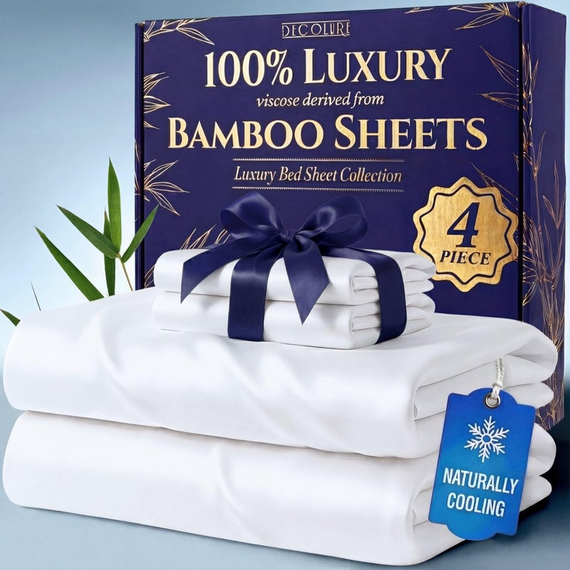 DECOLURE 100% Viscose Derived from Bamboo Sheets King Size - Luxury 4 Pc Naturally Cooling Sheets, Ultra Soft Bed Set - Deep 17" Pockets, Durable Double Stitching, Oeko Tex Standard (White) - Image 1