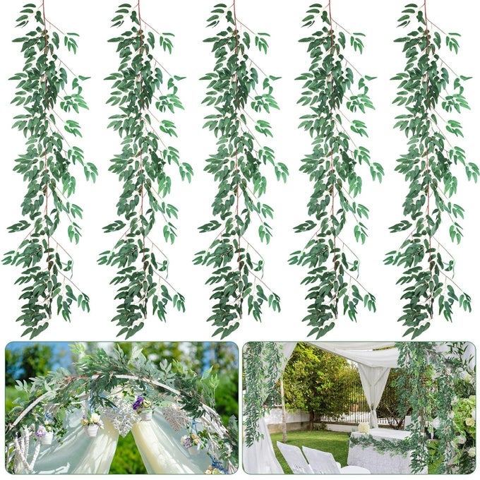 5 PACK 6 FT ARTIFICIAL WILLOW LEAVES VINE GARLAND HANGING GREENERY FAKE SILK RATTAN WICKER TWIG ITALIAN RUSCUS PLANT FAUX IVY WEDDING GARLAND FOR HOME OUTDOOR TABLE CENTERPIECE WREATH ARCH DECOR