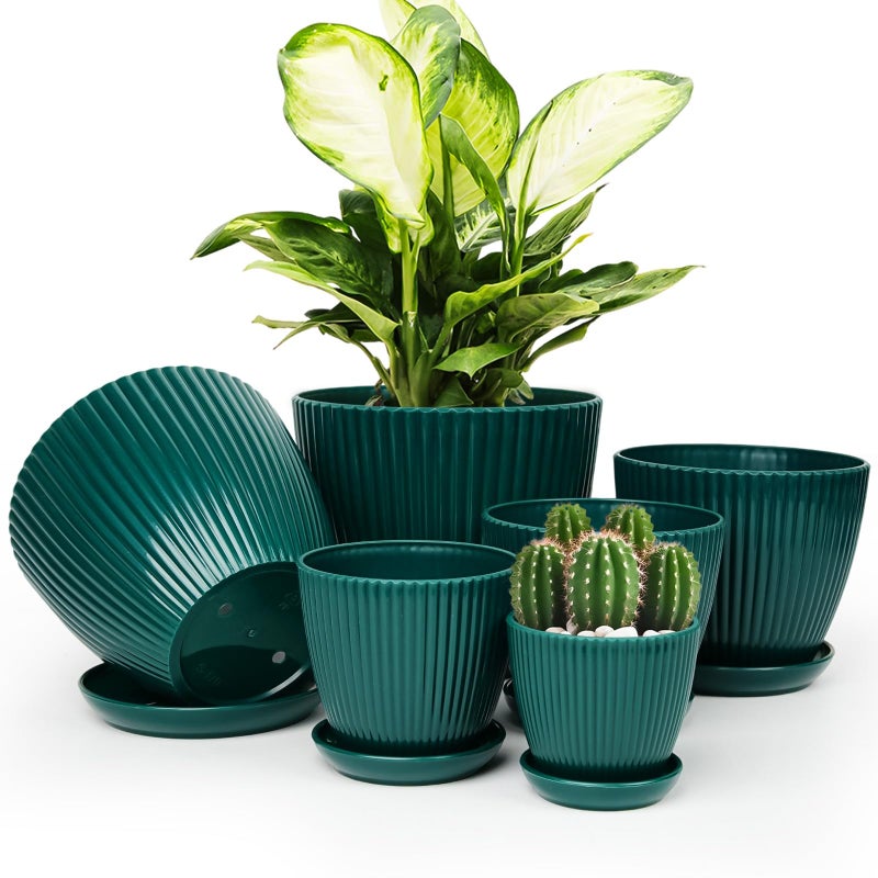Vodotion Plant Pots Indoor with Saucers Drainage 6 Pack Flower Pots Plastic Planters for Indoor Planter 756658504335 inches Sizes for All Different Types of PlantsDark Green - Image 2