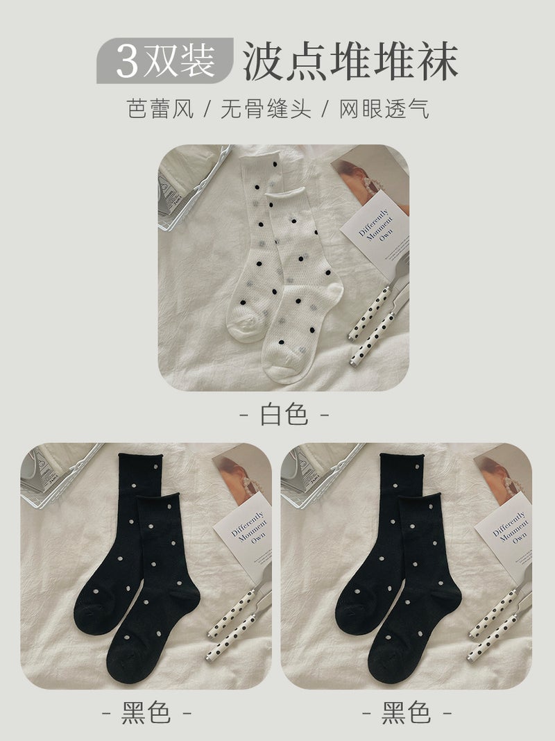 Polka Dot Sheer Mesh Socks for Women Autumn Mid-Calf Breathable Ballet Style White black x2(3 pairs)