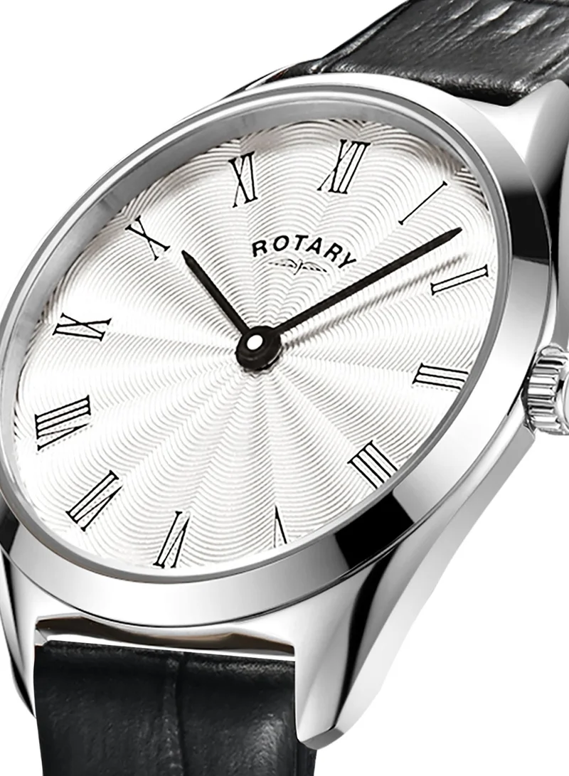 Rotary Women's Ultra Slim Analogue Watch, 27 mm, Silver Dial, Black Leather Strap