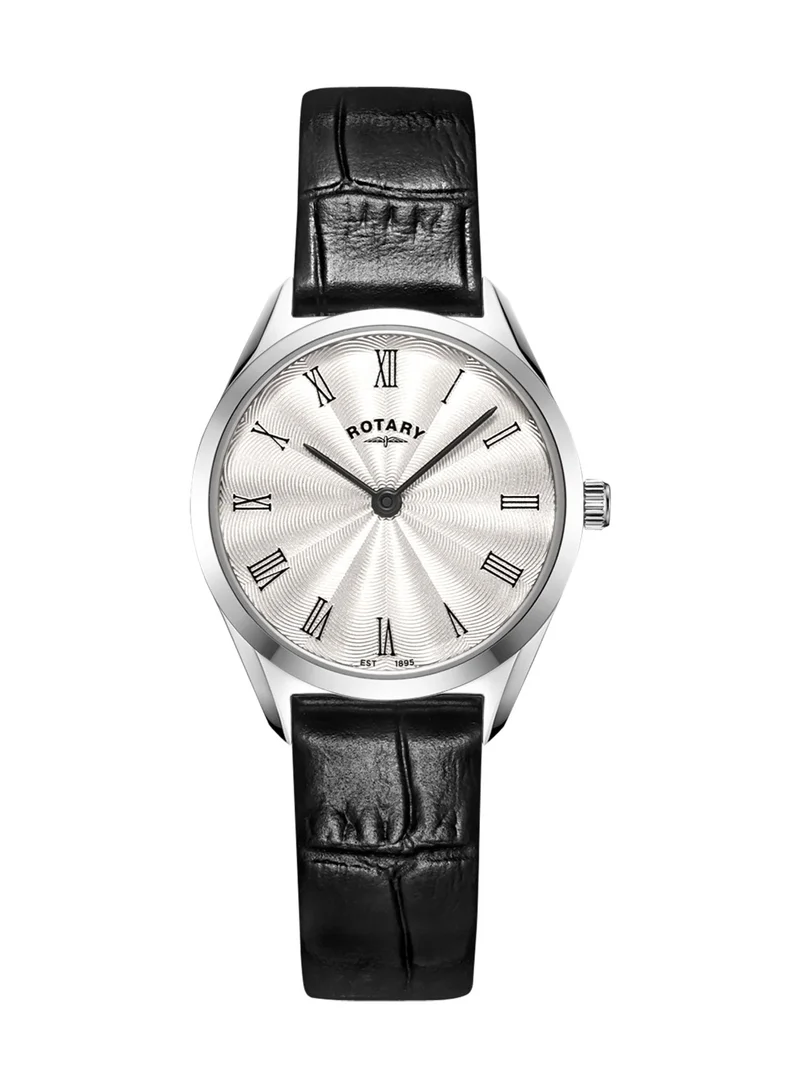 Rotary Women's Ultra Slim Analogue Watch, 27 mm, Silver Dial, Black Leather Strap