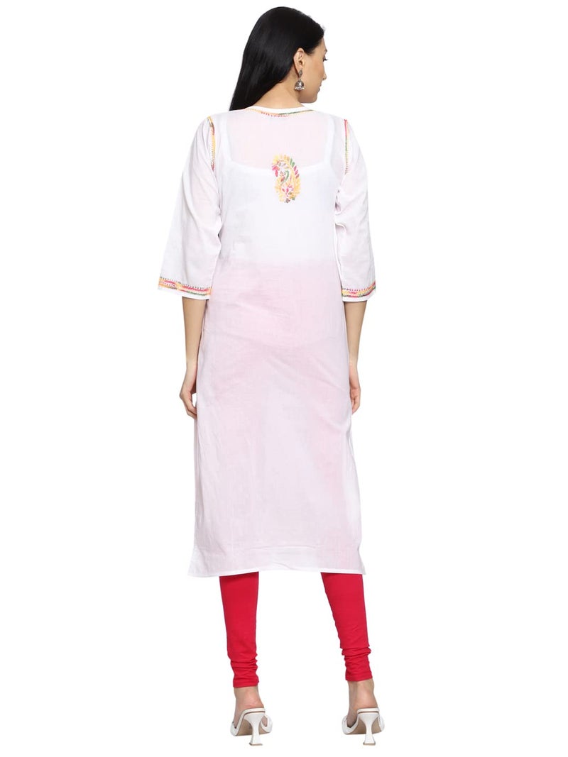 Ada Lucknowi Chikankari Hand Embroidered Straight White Cotton Regular Fit Kurta Kurti Tunic for Women A207576 (XL) - Image 2