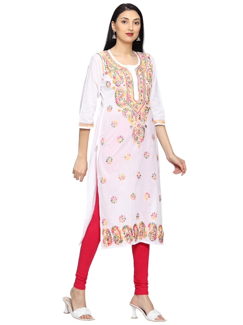 Ada Lucknowi Chikankari Hand Embroidered Straight White Cotton Regular Fit Kurta Kurti Tunic for Women A207576 (XL) - Image 5