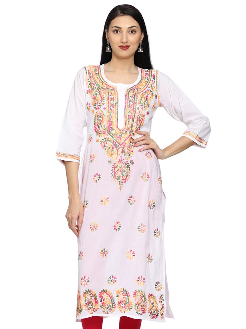Ada Lucknowi Chikankari Hand Embroidered Straight White Cotton Regular Fit Kurta Kurti Tunic for Women A207576 (XL) - Image 1