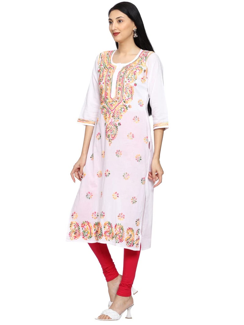 Ada Lucknowi Chikankari Hand Embroidered Straight White Cotton Regular Fit Kurta Kurti Tunic for Women A207576 (XL) - Image 4