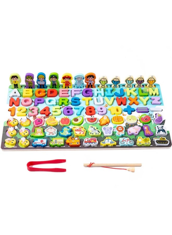 F.A.M.S 5-in-1 Wooden Montessori Alphabet & Number Fishing Puzzle Board – Letters A-Z, Numbers 0-10, Shapes, Animals, Vehicles – Early Learning Educational Toy for Toddlers & Kids - Image 3