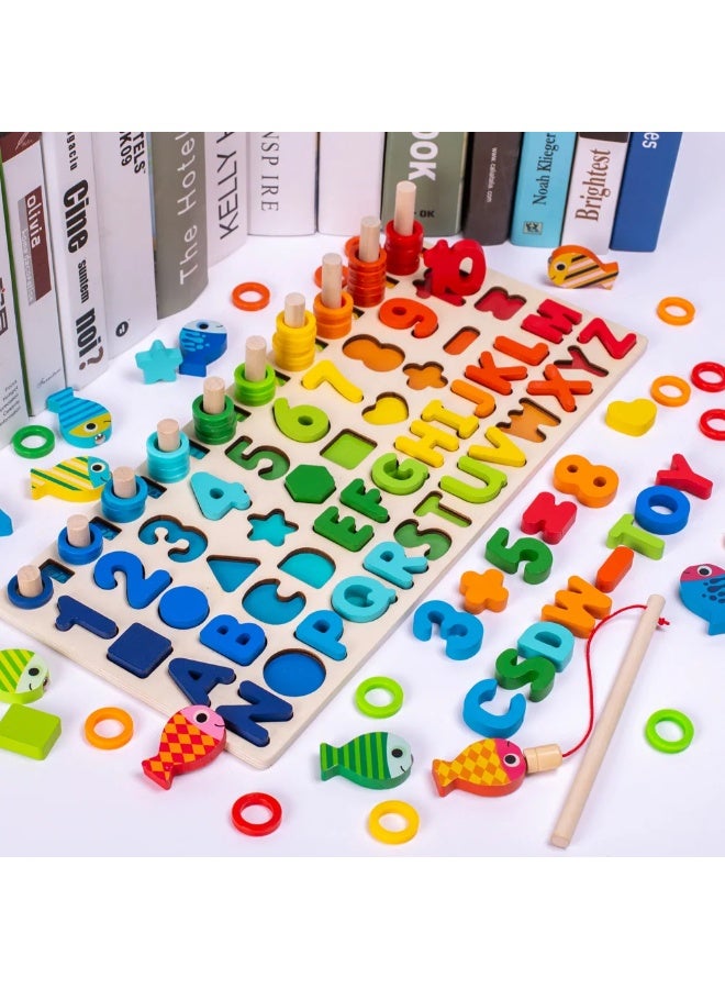 F.A.M.S 5-in-1 Wooden Montessori Alphabet & Number Fishing Puzzle Board – Letters A-Z, Numbers 0-10, Shapes, Animals, Vehicles – Early Learning Educational Toy for Toddlers & Kids - Image 4