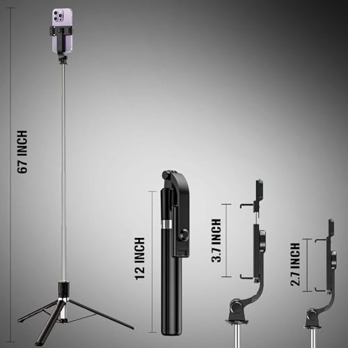 HOLD UP 67Inch/ 170cm Long Selfie Stick Tripod Stand with Wireless Remote, Long Tripod Stand with 360° Rotation, Compatible with Mobile/GoPro for Travel,Compatible with iPhone and All Smartphones - Image 5