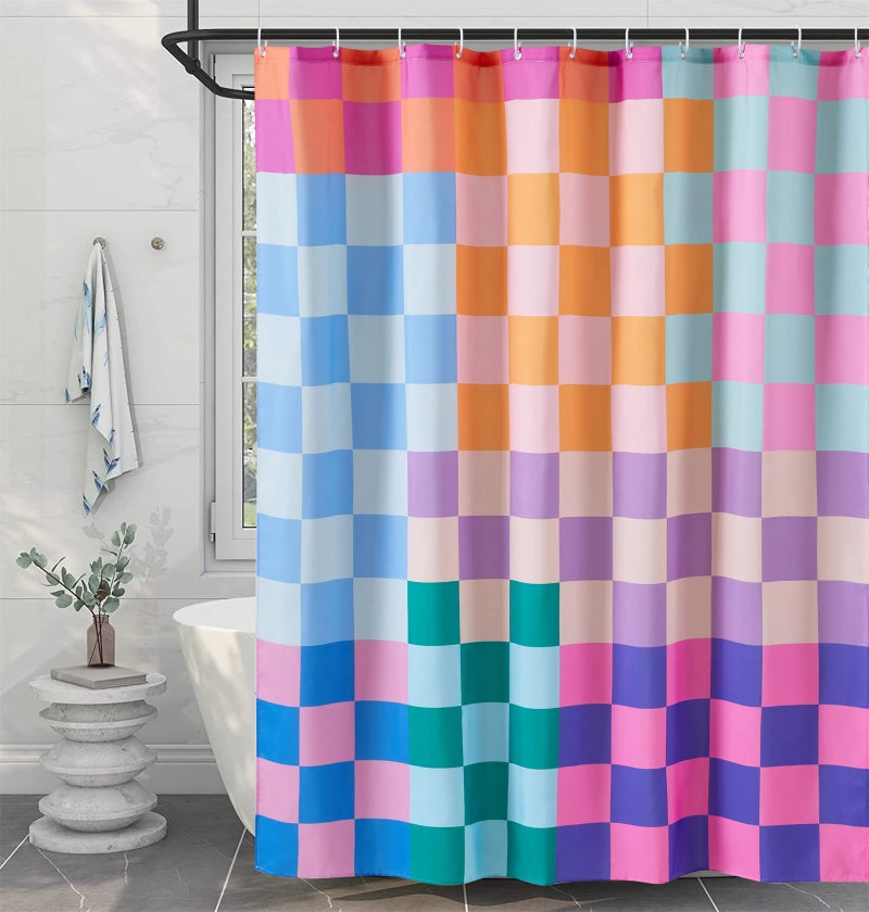 RoomTalks RoomTalks Multicolored Checkered Retro Fabric Shower Curtain for Bathroom Extra Long 84 Inches Length  Bright Rainbow Colorful Modern Simple Groovy Aesthetic Shower Curtain Set with Hooks - Image 1