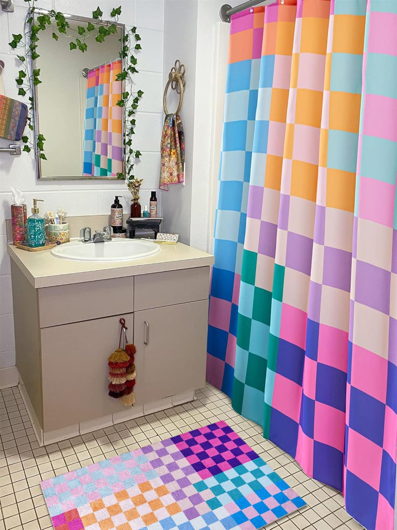 RoomTalks RoomTalks Multicolored Checkered Retro Fabric Shower Curtain for Bathroom Extra Long 84 Inches Length  Bright Rainbow Colorful Modern Simple Groovy Aesthetic Shower Curtain Set with Hooks - Image 2