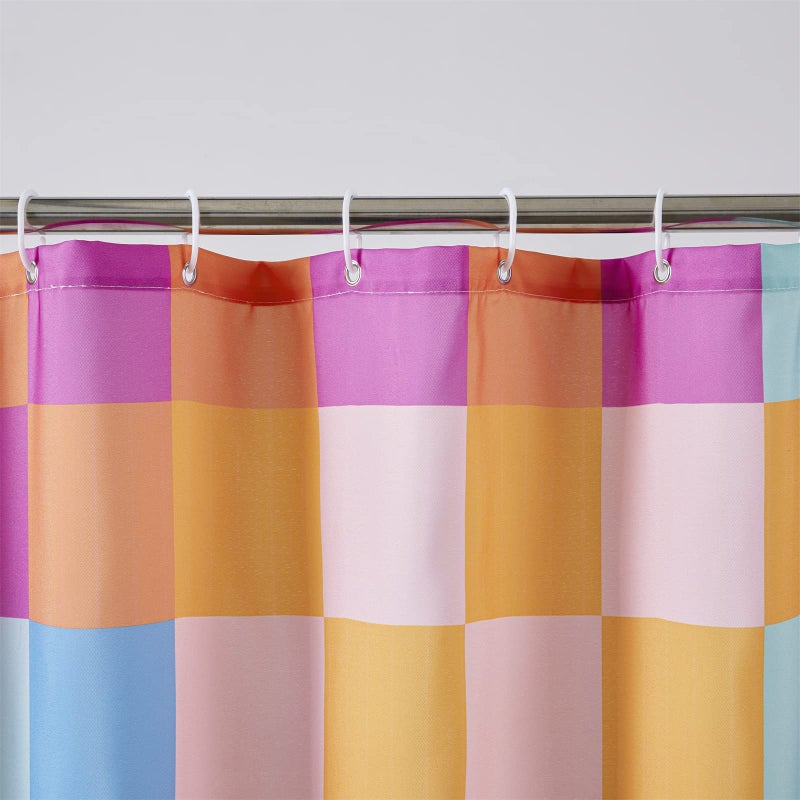 RoomTalks RoomTalks Multicolored Checkered Retro Fabric Shower Curtain for Bathroom Extra Long 84 Inches Length  Bright Rainbow Colorful Modern Simple Groovy Aesthetic Shower Curtain Set with Hooks - Image 5