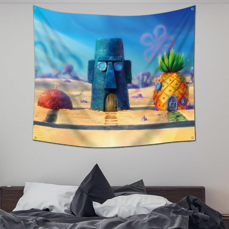 EWRITN Pineapple Underwater House Funny Tapestry for Bedroom Cartoon Tapestry Decor Wall Hangings Tapestry for Kids Bedroom Living Room Dorm Man Cave, Large, Blue - Image 4