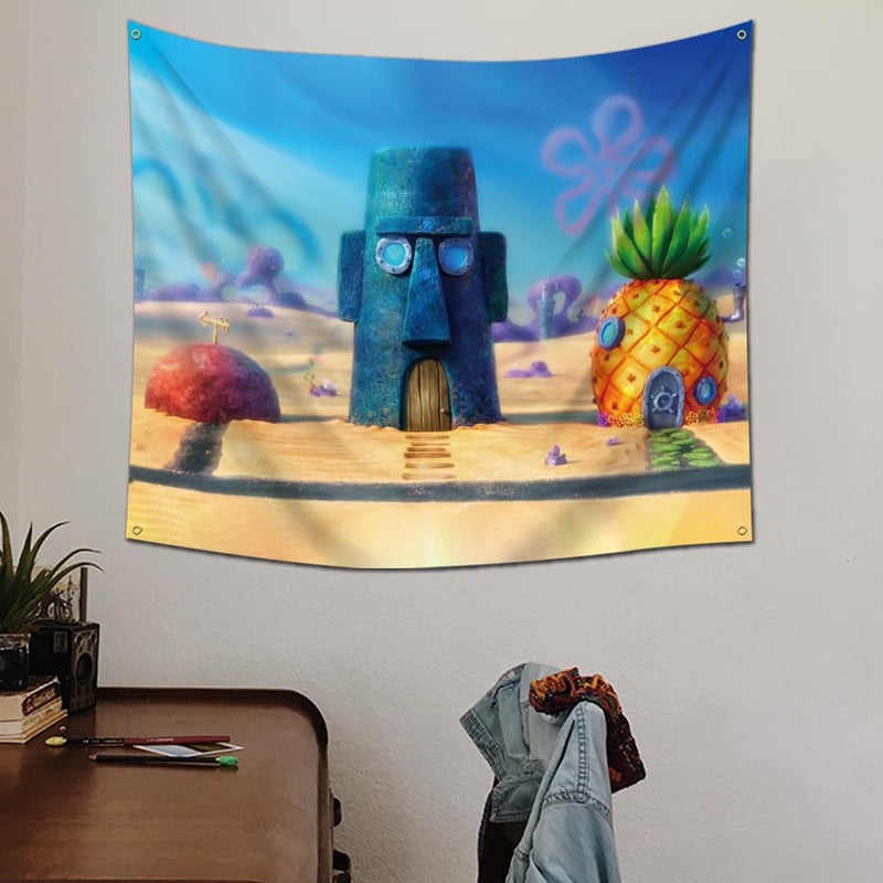 EWRITN Pineapple Underwater House Funny Tapestry for Bedroom Cartoon Tapestry Decor Wall Hangings Tapestry for Kids Bedroom Living Room Dorm Man Cave, Large, Blue - Image 3