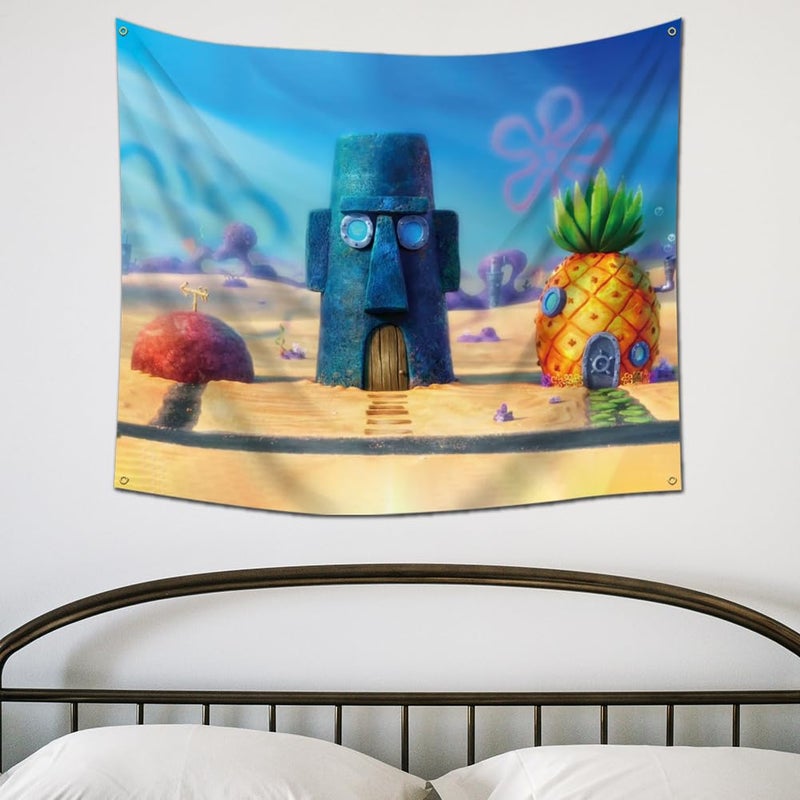 EWRITN Pineapple Underwater House Funny Tapestry for Bedroom Cartoon Tapestry Decor Wall Hangings Tapestry for Kids Bedroom Living Room Dorm Man Cave, Large, Blue - Image 5
