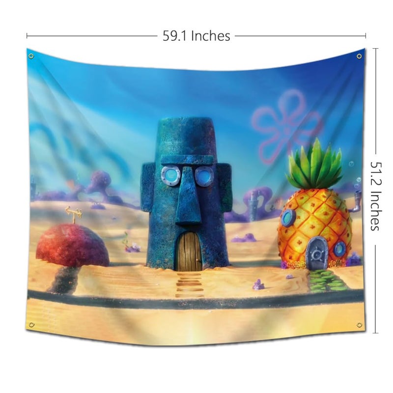 EWRITN Pineapple Underwater House Funny Tapestry for Bedroom Cartoon Tapestry Decor Wall Hangings Tapestry for Kids Bedroom Living Room Dorm Man Cave, Large, Blue - Image 2