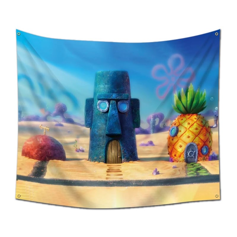 EWRITN Pineapple Underwater House Funny Tapestry for Bedroom Cartoon Tapestry Decor Wall Hangings Tapestry for Kids Bedroom Living Room Dorm Man Cave, Large, Blue - Image 1