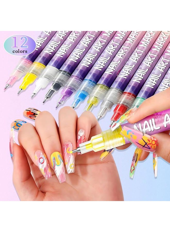 12 Colors Nail Art Pens Set, 2026 Upgraded Nail Art Markers, Fine Tip Nail Art Pen 0.5mm - Image 2