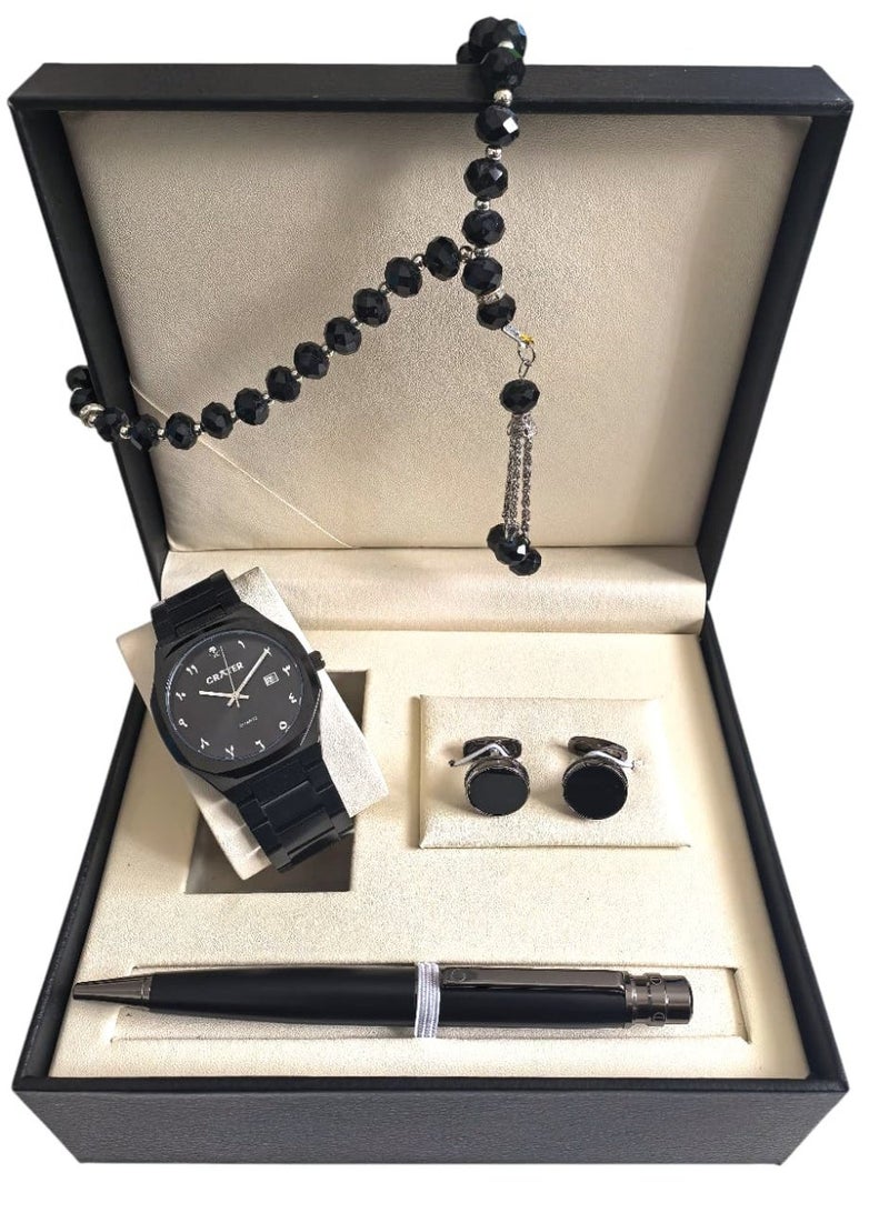 كريتر  طقم رجالي فاخر يتكون من ساعة تصميم ملكي من الستانلس ستيل، مينا كلاسيكي مع عرض التاريخ مقاومة للماء وسبحة وقلم وازرار اكمام - Image 1