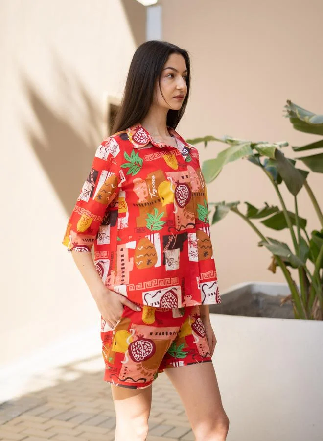 sanskrutihomes Red Graphic Print Cotton Shirt and Shorts Set