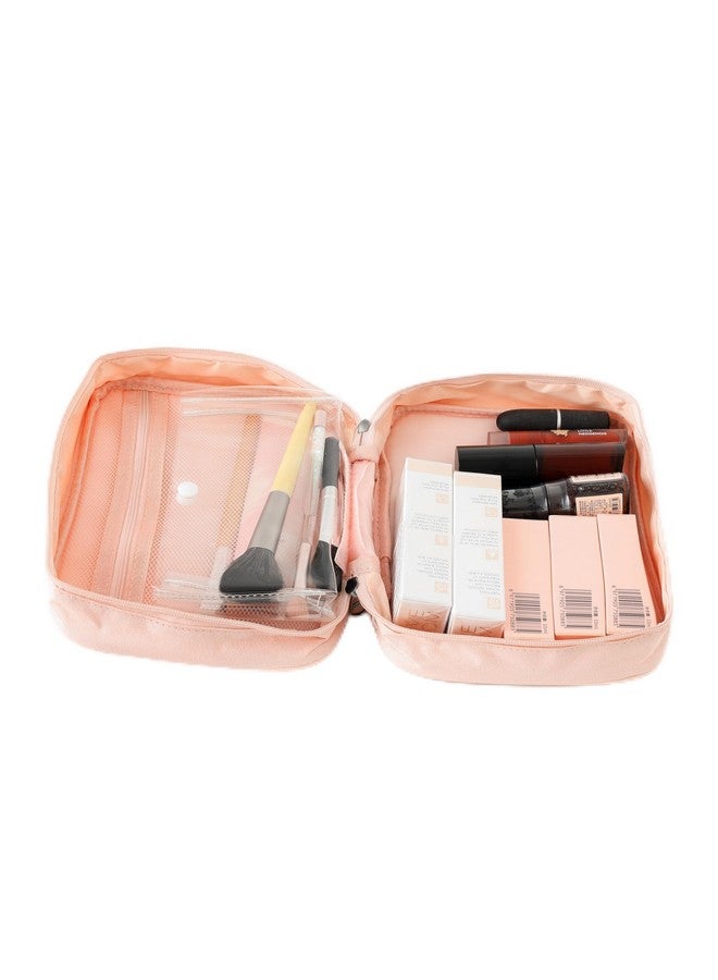 Hearts Cosmetic Storage Case|Makeup Kit Box For Women|Small Vanity Case|Pouch For Home & Travel|Two Compartment|Zipper Closure (Pink) - Image 1