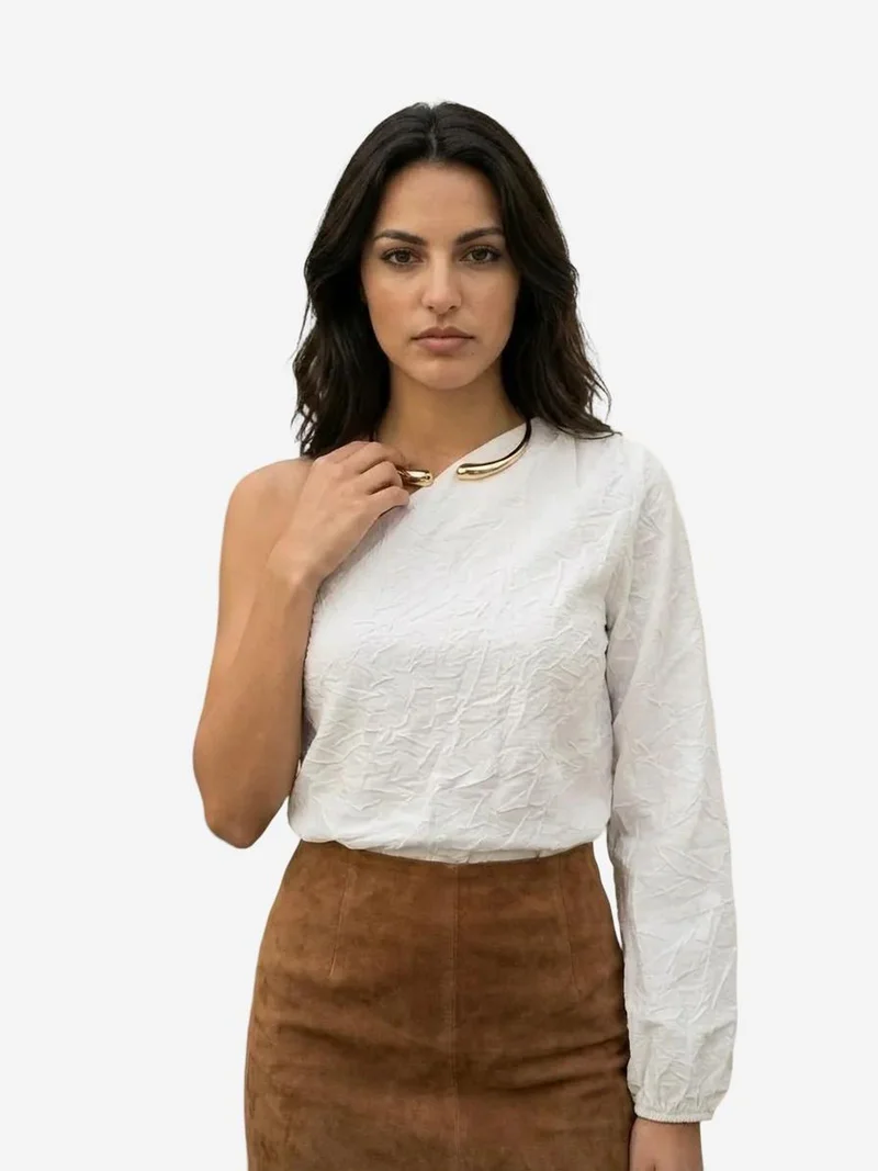 My Fashion Dusty White MY FASHION Off-Shoulder Cut-Out Cotton Poplin Blouse for Women | Best Price UAE