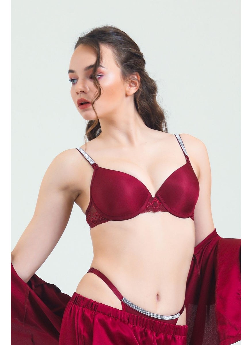 Magic Form 6389 Women's Strap Stoned Unpadded Sponge Lace Bra-Burgundy10  - Image 2