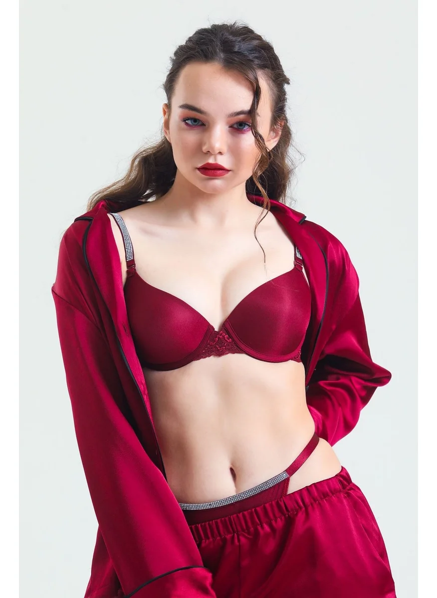 Magic Form 6389 Women's Strap Stoned Unpadded Sponge Lace Bra-Burgundy10