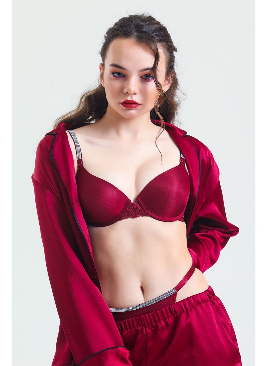 Magic Form 6389 Women's Strap Stoned Unpadded Sponge Lace Bra-Burgundy10  - Image 1