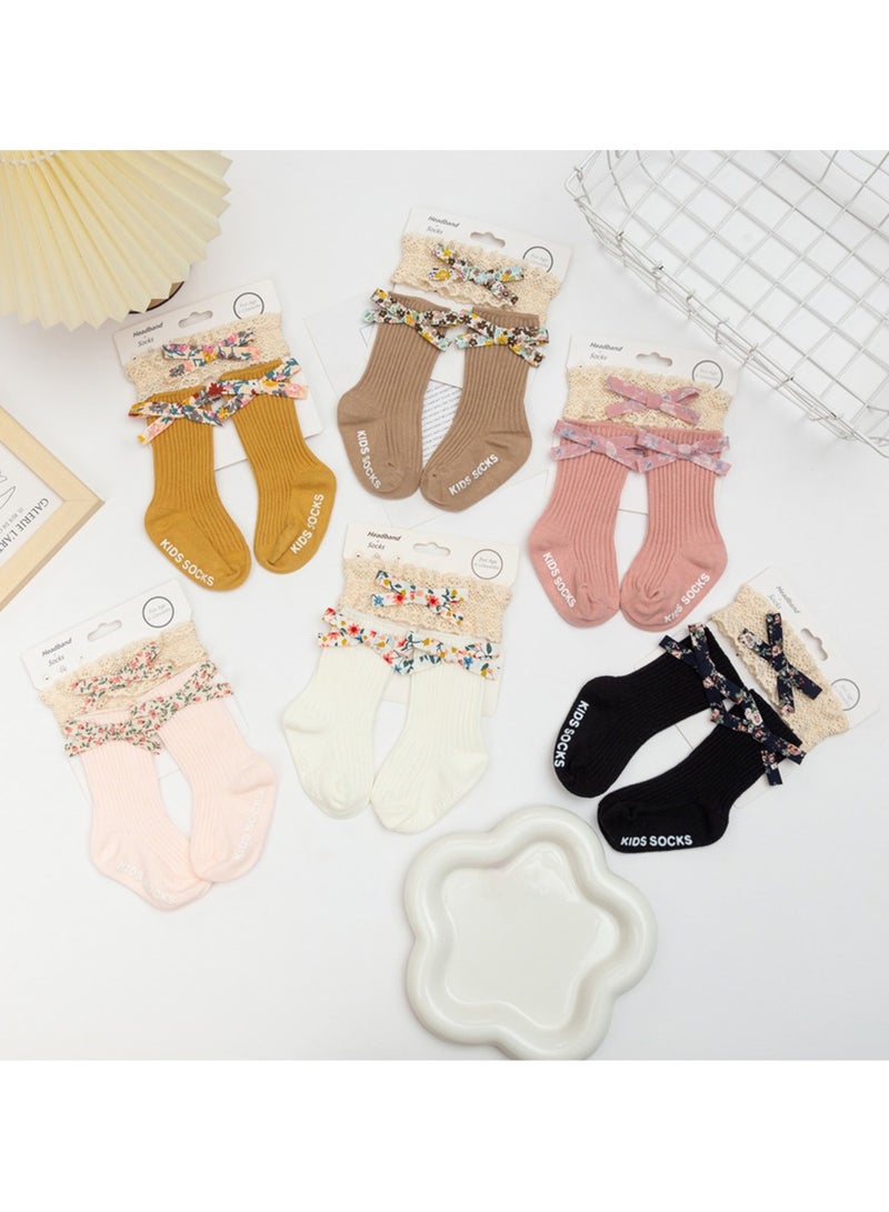 D'Daniela Victoria Ribbon Bow Turban and Socks Set for Babies - Brown  - Image 3