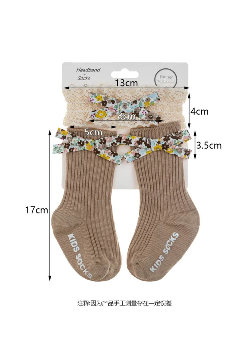 D'Daniela Victoria Ribbon Bow Turban and Socks Set for Babies - Brown