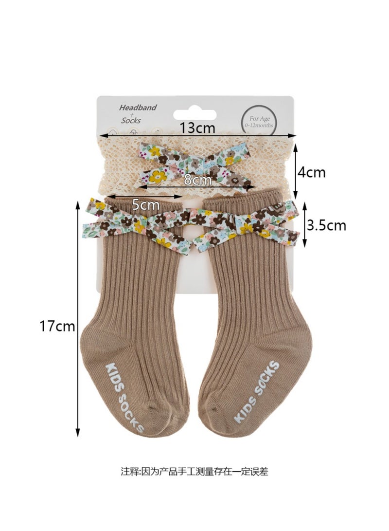 D'Daniela Victoria Ribbon Bow Turban and Socks Set for Babies - Brown  - Image 4