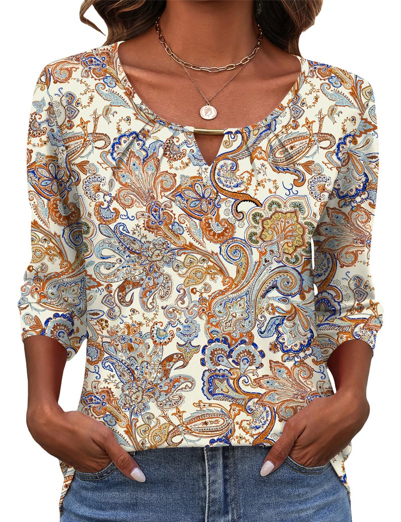 Rapbin Tunic Tops to Wear with Leggings Womens 3/4 Sleeve Tops and Blouses Womens V Neck Business Casual Shirts Paisley Pattern XL - Image 1