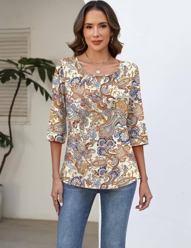 Rapbin Tunic Tops to Wear with Leggings Womens 3/4 Sleeve Tops and Blouses Womens V Neck Business Casual Shirts Paisley Pattern XL - Image 2