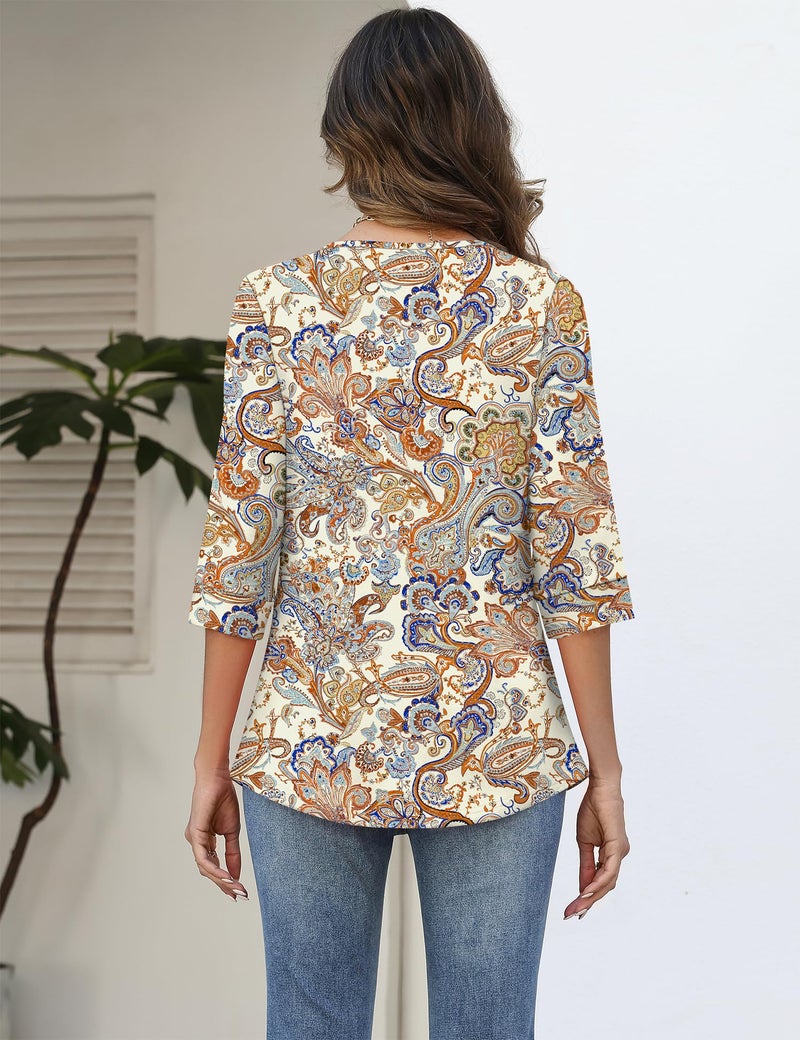 Rapbin Tunic Tops to Wear with Leggings Womens 3/4 Sleeve Tops and Blouses Womens V Neck Business Casual Shirts Paisley Pattern XL - Image 4