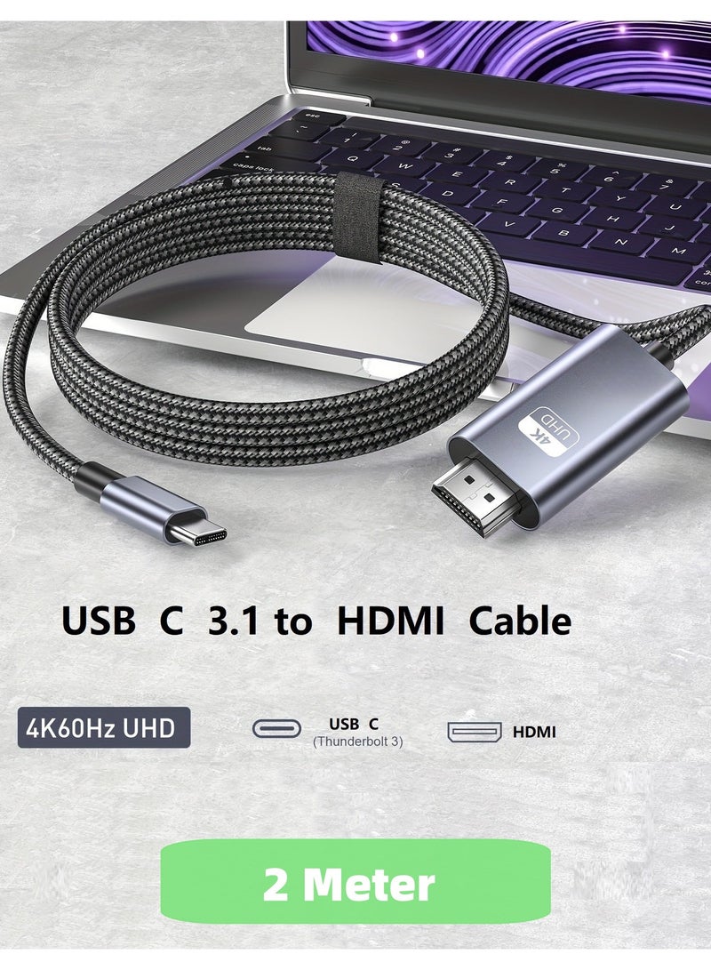 شيكسين كابل نقل بيانات عالي الدقة 4K@60Hz من النوع C إلى HDMI بطول 2 متر، محول USB 3.1 Type C Thunderbolt 3 إلى HDMI بدقة 4K 60Hz UHD متوافق مع - الهاتف المحمول/الكمبيوتر المحمول/الكمبيوتر/iPad/Android/iOS/Samsung/Projector، Samsung S24 S23 Ultra/Galaxy Z، MacBook Pro، Dell XPS، Huawei - Image 1