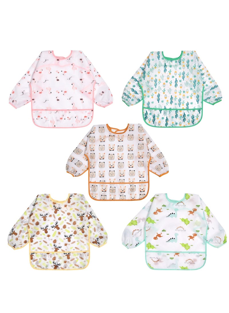 5 Pack Baby Long Sleeve Bibs, Toddler Feeding Waterproof Bibs with Great Capacity Pocket, Infant Smock Shirt Bib for Eating, Painting, Playing, Travel - Image 1