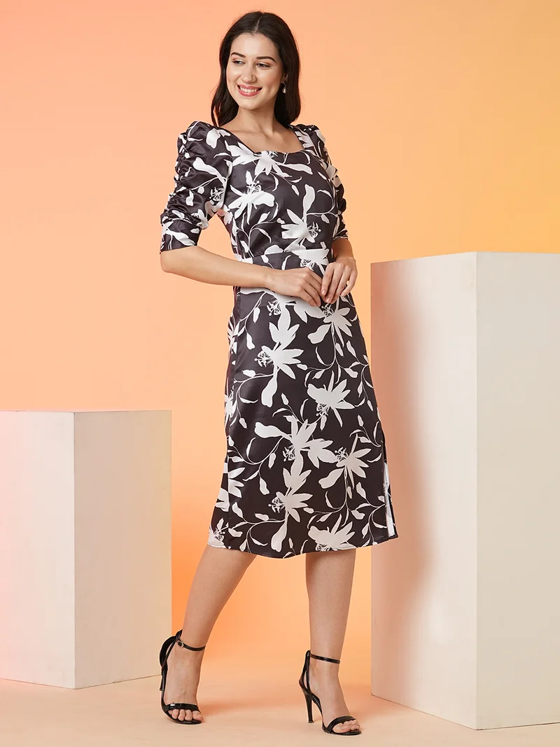 globus Globus Women Black & White Floral Printed Puff Sleeves Smocked Satin Fit & Flare Midi Dress