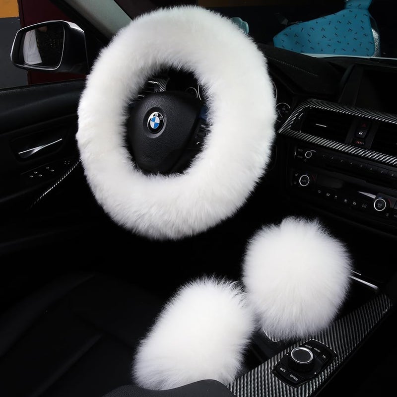 AOGELAN 3Pcs Set Fashion Fluffy Fuzzy Wool Fur Soft Car Steering Wheel Cover with Handbrake Cover & Gear Shift Cover for Women/Girls/Ladies Auto Long Wool Accessories - Image 1